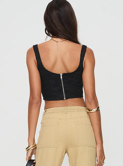 back view of model wearing Princess Polly Bonney Corset Top Black Sleeveless Square Neck 