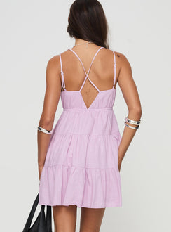 back view of model wearing Princess Polly Dipsie Mini Dress Lilac Plunger 