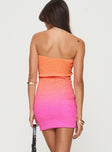 Mini dress Strapless style, ombre print, shirred material Good stretch, unlined 