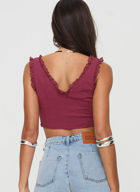 back view of model wearing Princess Polly Scarlett Top Wine Sleeveless V-Neck 