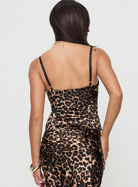 back view of model wearing Princess Polly Enigmatic Cami Top Leopard Sleeveless Sweetheart 