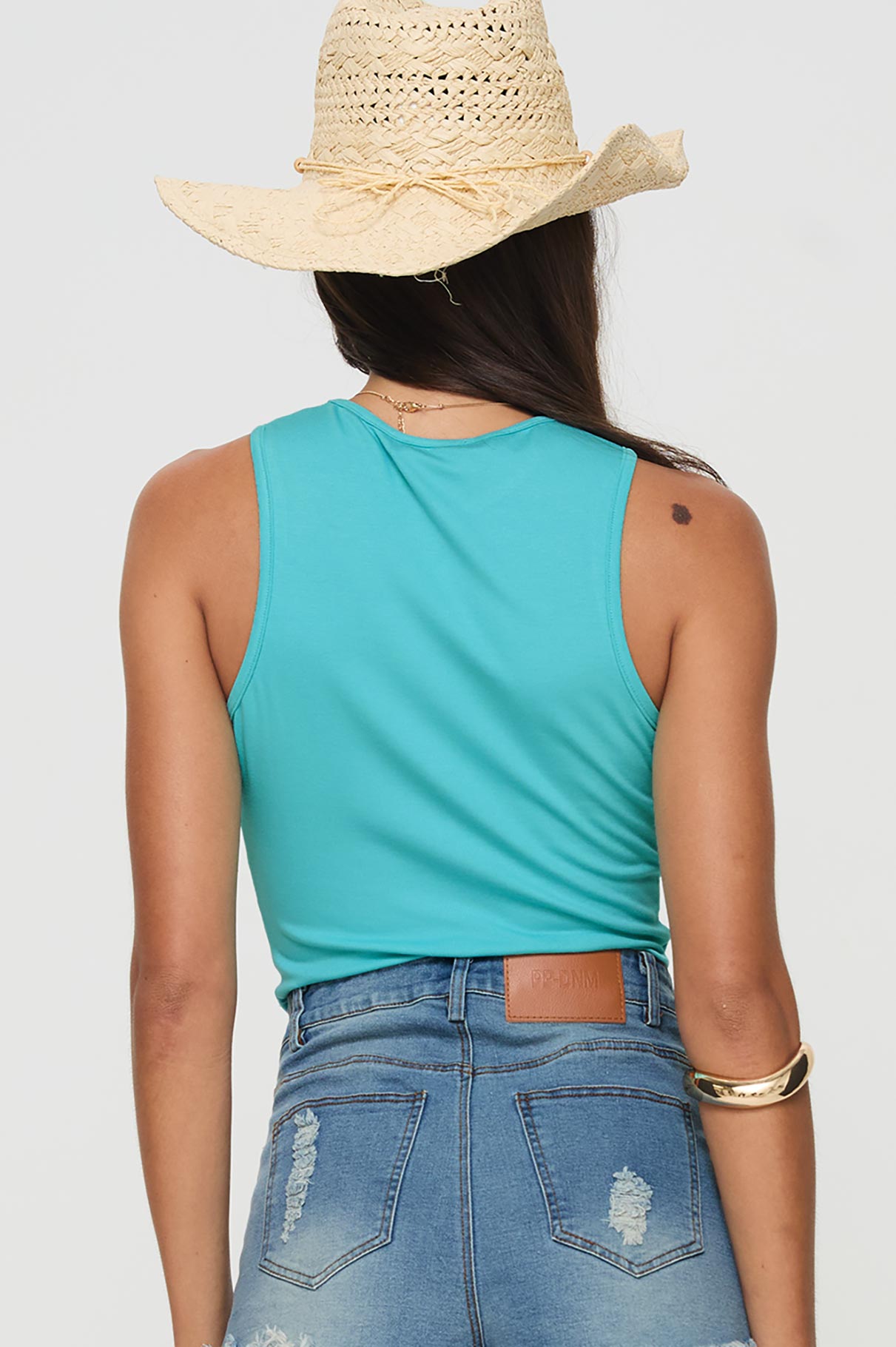 back view of model wearing Princess Polly Freefall Top Blue Sleeveless Crew Neck 