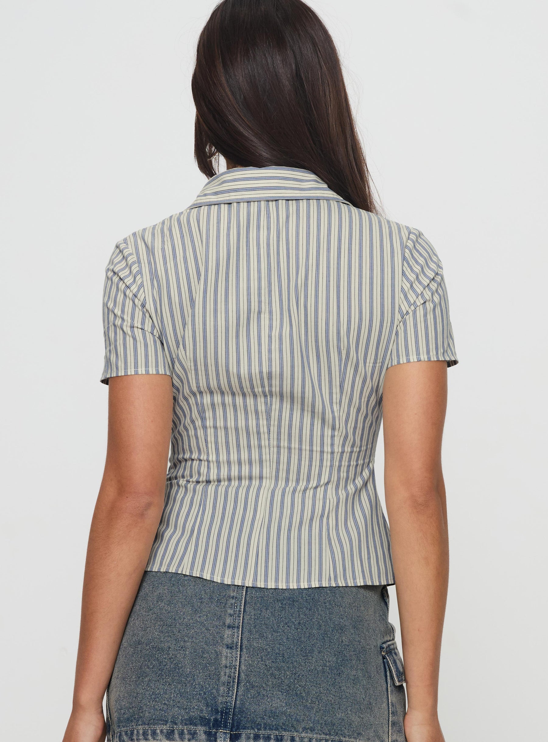 back view of model wearing Princess Polly Peppy Shirt Stripe Short Sleeves V-Neck 