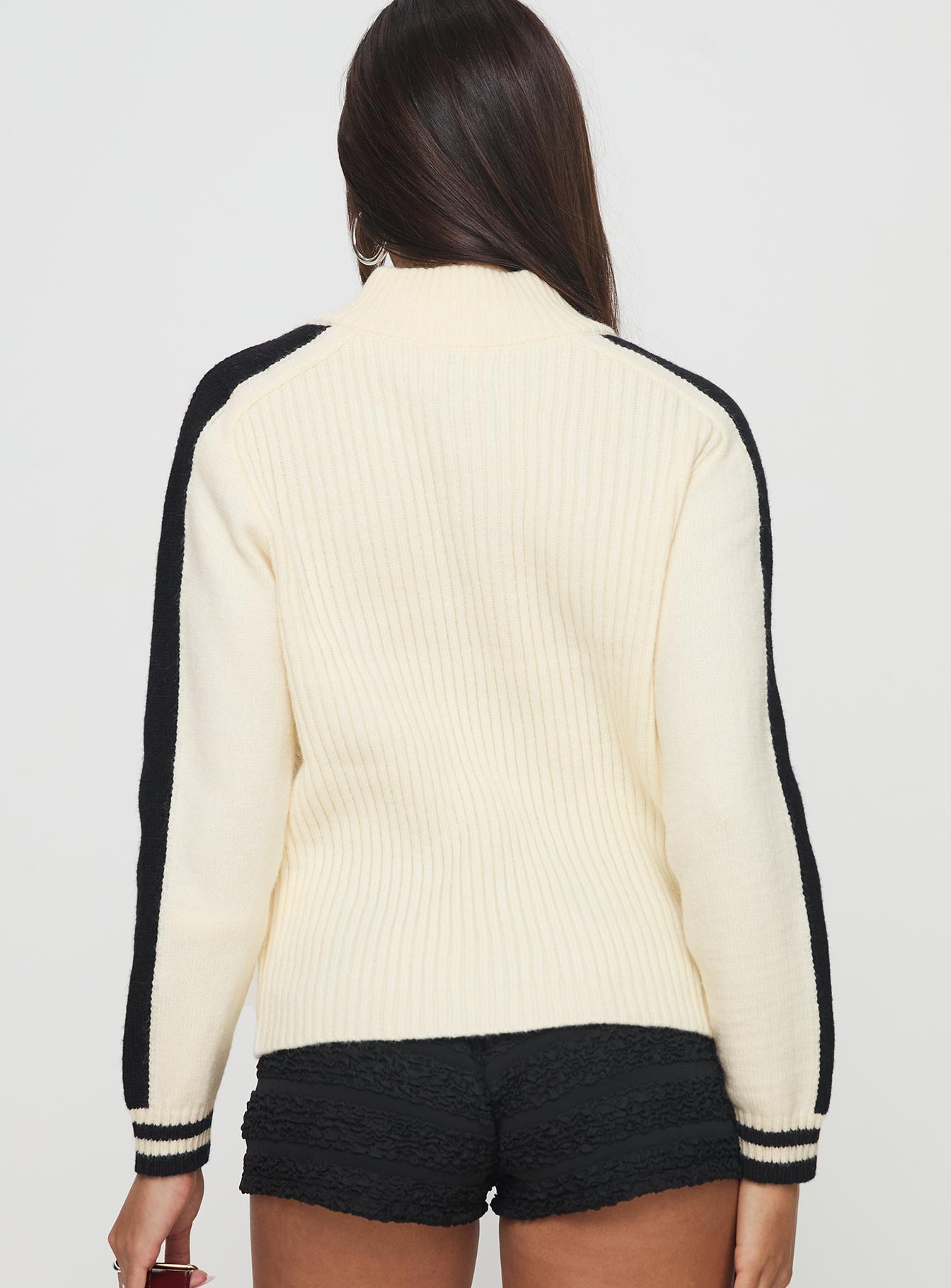 back view of model wearing Princess Polly Mandee Quarter Zip Knit Sweater Cream Long 