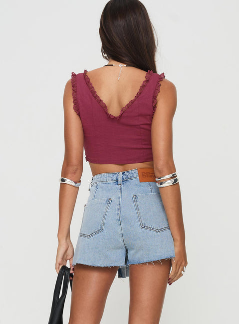 back view of model wearing Princess Polly Josue Denim Wrap Skort Light Blue Wash High Waisted Shorts 