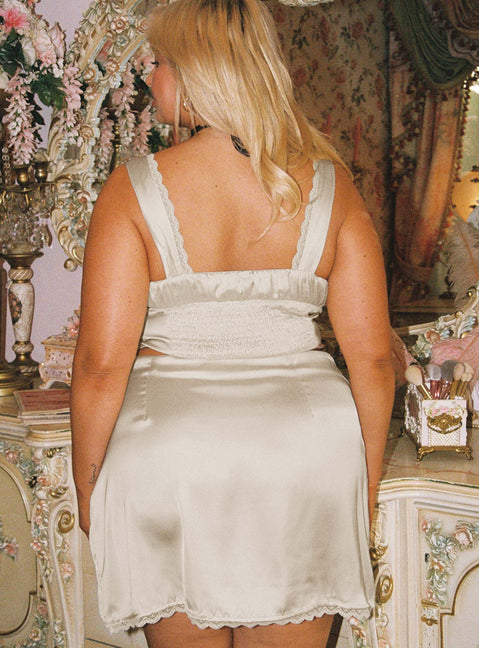 Matching set Satin material look, ruching on bust, lace trim detailing, fixed straps, invisible zip fastening