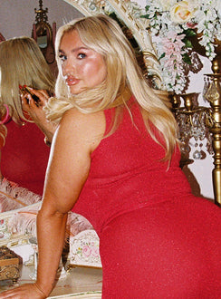 back view of model wearing Princess Polly Hugs & Kisses Knit Top Red Curve Sleeveless Crew Neck 