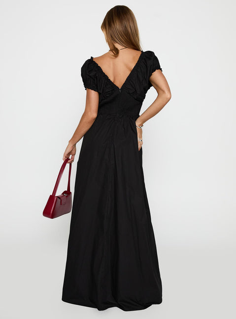back view of model wearing Princess Polly Breeanna Maxi Dress Black V-Neck 