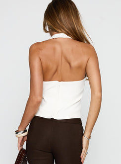 back view of model wearing Princess Polly Aristos Halter Top White Sleeveless Plunger 