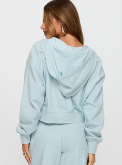 back view of model wearing Princess Polly Revive Zip Through Hoodie Blue cropped 