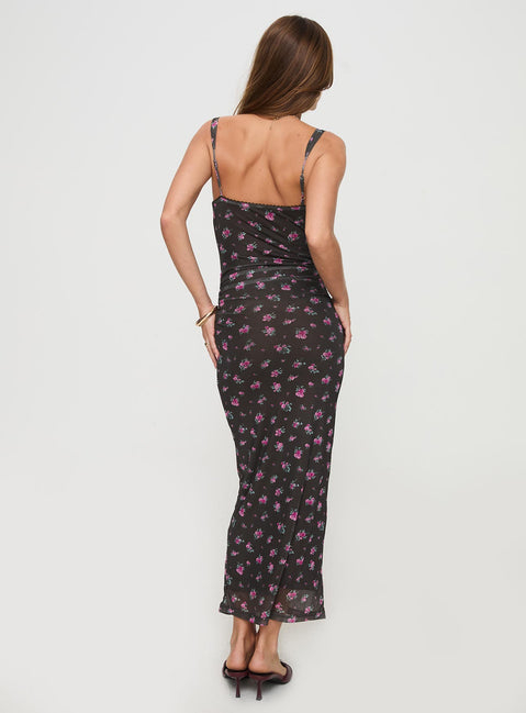 back view of model wearing Princess Polly Cotter Maxi Dress Black Floral V-Neck 