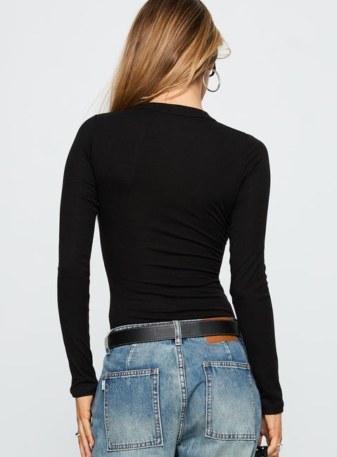 back view of model wearing Princess Polly Kandis Long Sleeve Bodysuit Black Long Sleeve Tops 