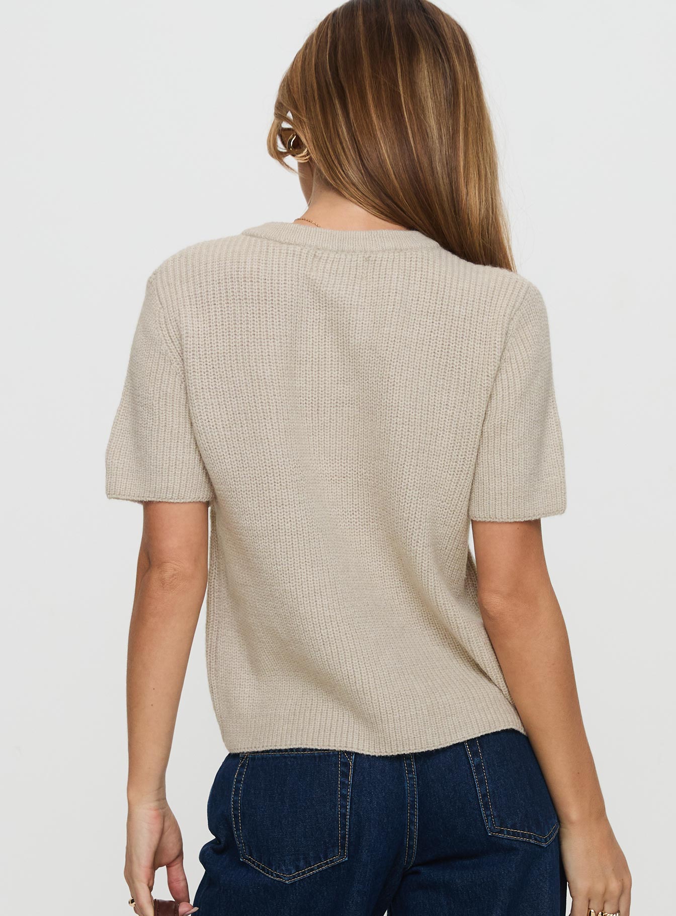 back view of model wearing Princess Polly Wait A Lifetime Short Sleeve Cardigan Beige Cropped 
