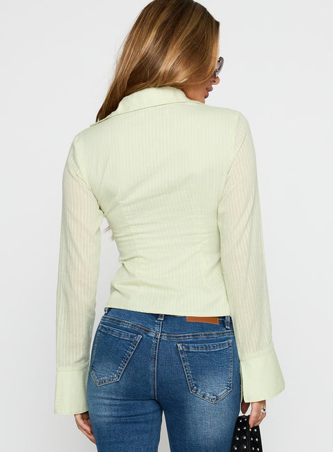 back view of model wearing Princess Polly Elowenn Long Sleeve Top Green Full Sleeves V-Neck 