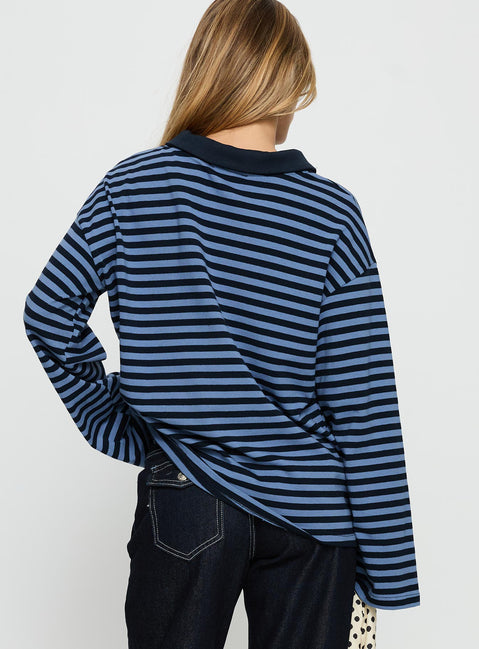Settle Down Collared Long Sleeve Top Navy Stripe