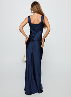 back view of model wearing Princess Polly Dasha Satin Maxi Dress Navy Square Neck 