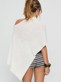 back view of model wearing Princess Polly Rouse Off Shoulder Poncho White 