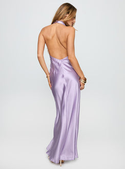 back view of model wearing Princess Polly Big Screen Halter Maxi Dress Lilac Plunger 