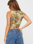 Jacquard vest  Floral print, wide fixed straps, buckle belt waist at back, button fastening down front 