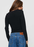 back view of model wearing Princess Polly Aeva Long Sleeve Plunge Top Black Full Sleeves Plunger 