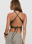 back view of model wearing Princess Polly Hopelessly Devoted Top Forest Green Sleeveless Plunger 