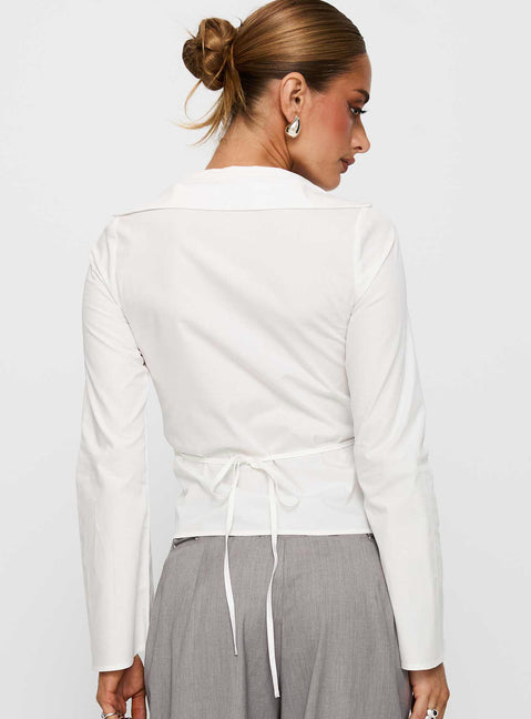 back view of model wearing Princess Polly Arianwyn Long Sleeve Shirt White Full Sleeves V-Neck 