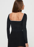 back view of model wearing Princess Polly Keating Long Sleeve Bodysuit Black Full Sleeves 