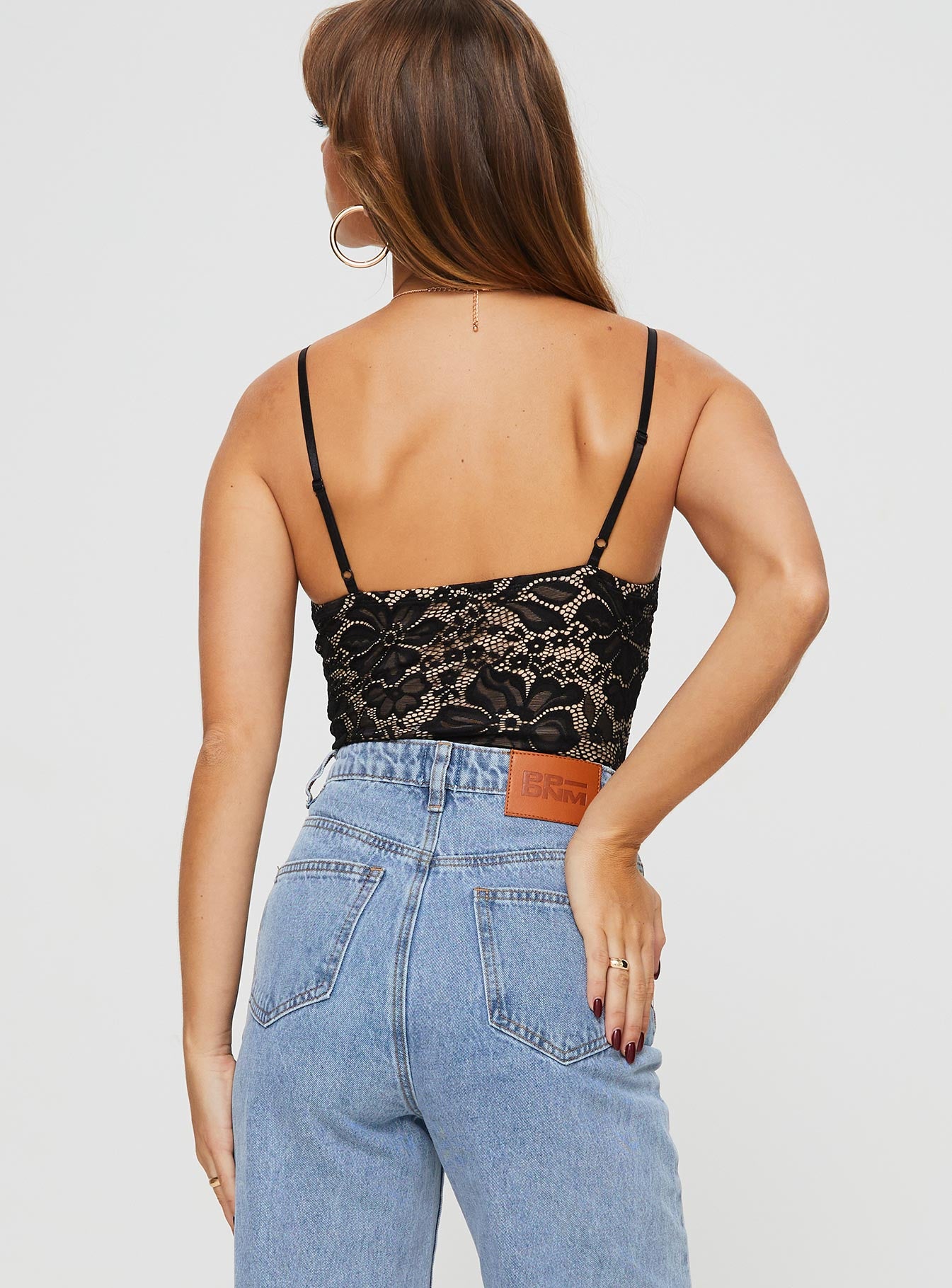 back view of model wearing Princess Polly Intimacy Lace Bodysuit Black Sleeveless 