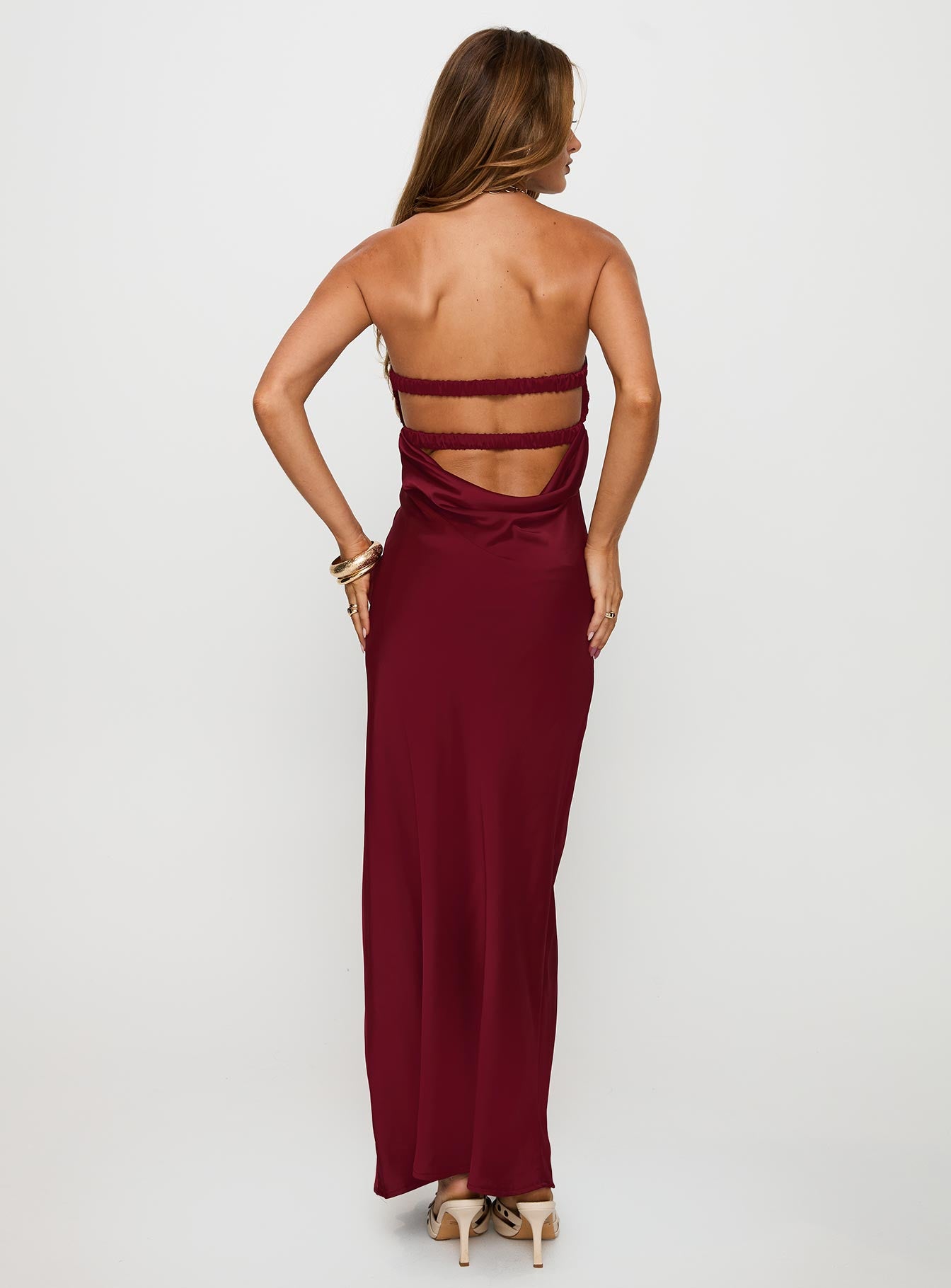 back view of model wearing Princess Polly Faviola Strapless Maxi Dress Burgundy Sweetheart Neckline 