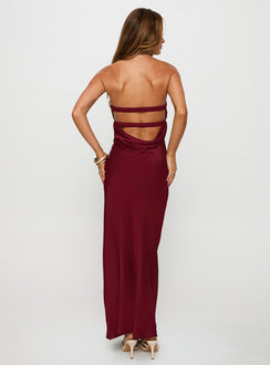 back view of model wearing Princess Polly Faviola Strapless Maxi Dress Burgundy Sweetheart Neckline 
