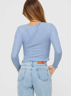 back view of model wearing Princess Polly Monrow Long Sleeve Top Blue Full Sleeves Boat Neck 