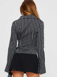 Long sleeve top  Stripe print, classic collar, open front, flared cuff, button loop fastening at front Non-stretch, unlined