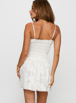 back view of model wearing Princess Polly Karmic Shirred Mini Dress White Sweetheart Neckline 