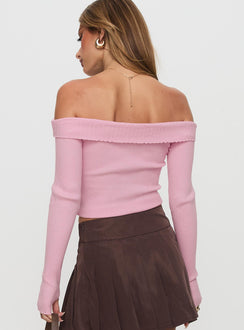 back view of model wearing Princess Polly Nighttime Off Shoulder Knit Top Pink Full Sleeves straight 