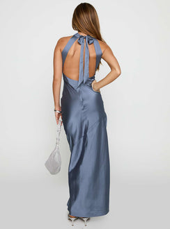 back view of model wearing Princess Polly Mordecai Halter Maxi Dress Blue High Neck 