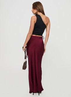 back view of model wearing Princess Polly Fluttering Maxi Skirt Burgundy Maxi 