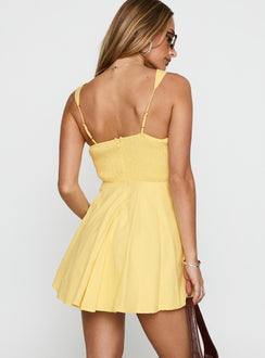 back view of model wearing Princess Polly Little White Lies Mini Dress Lemon Sweetheart Neckline 