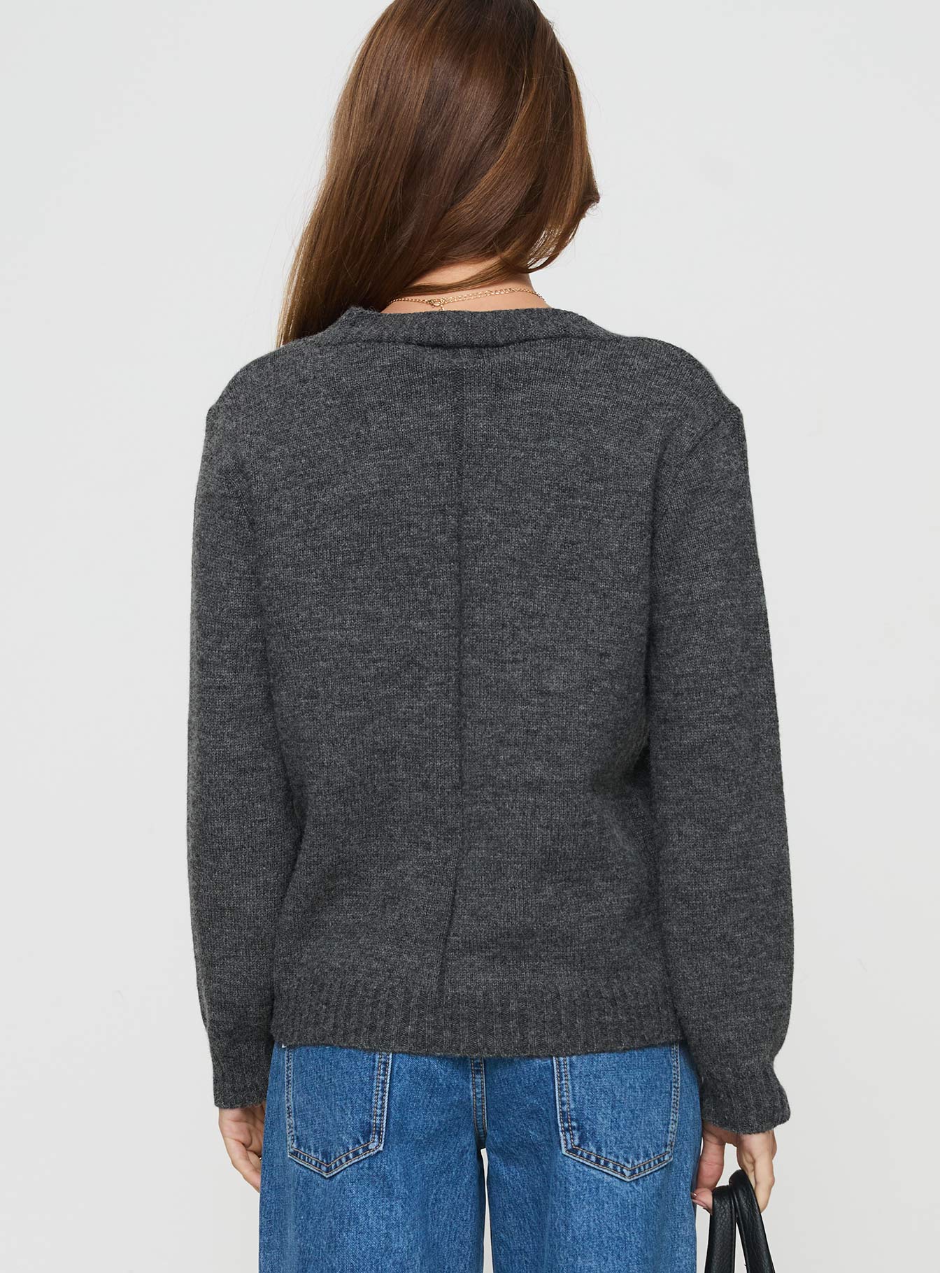 back view of model wearing Princess Polly Larkins Cardigan Grey cropped 