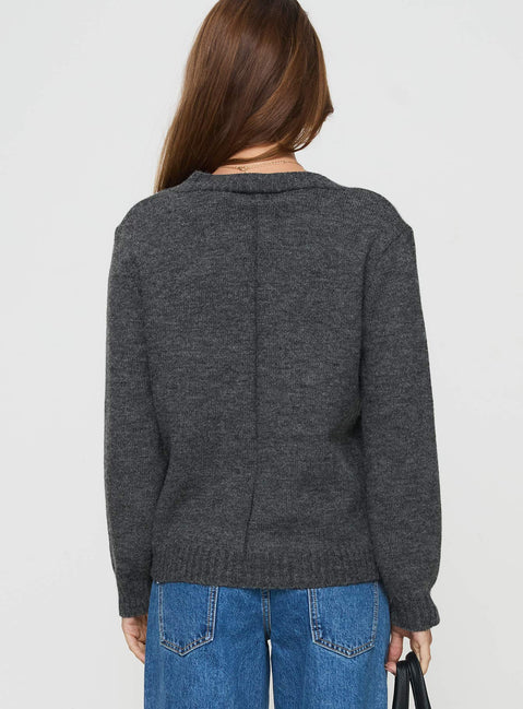 back view of model wearing Princess Polly Larkins Cardigan Grey cropped 