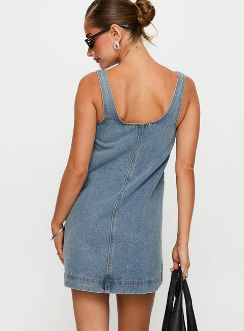 back view of model wearing Princess Polly State Of Mind Mini Dress Blue Denim Scoop Neck 
