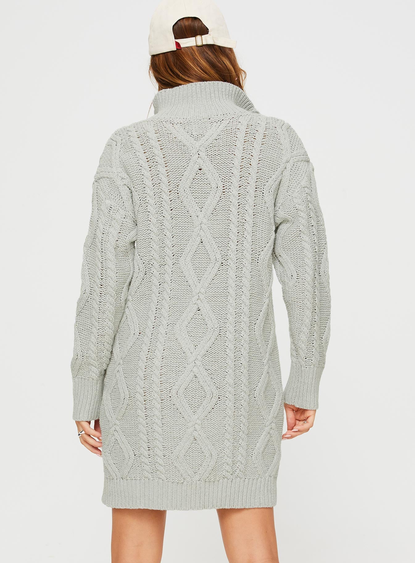 back view of model wearing Princess Polly Cavanaugh Sweater Dress Grey Marle V-Neck 