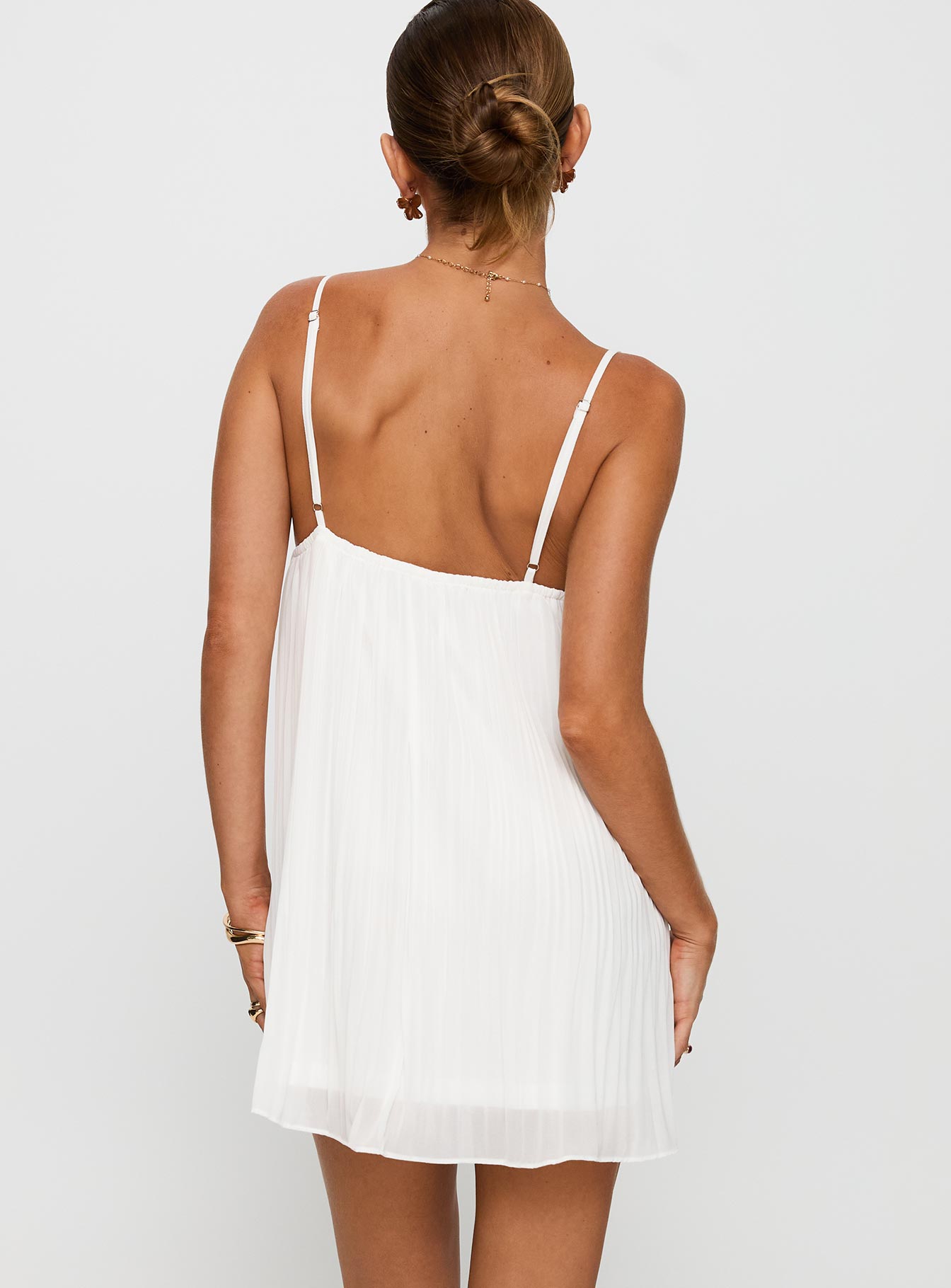 back view of model wearing Princess Polly Baby Honey Pleat Mini Dress White Plunger 