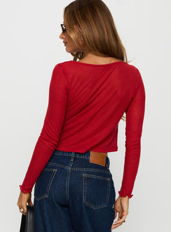 back view of model wearing Princess Polly November Long Sleeve Top Red Full Sleeves Boat Neck 