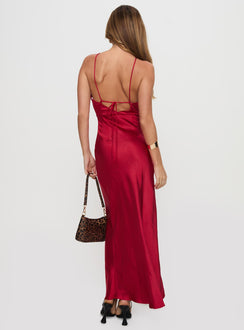 back view of model wearing Princess Polly Saja Cut Out Maxi Dress Red V-Neck 