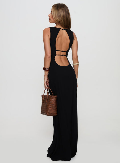 back view of model wearing Princess Polly Ace Of Hearts Backless Maxi Dress Black Petite Crew Neck 