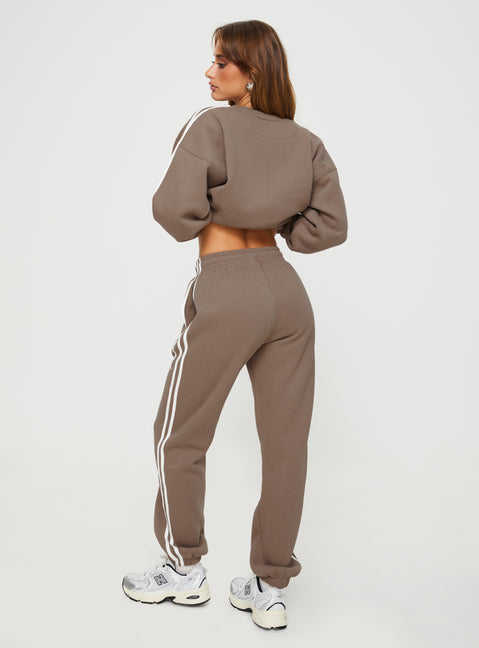 front view of model wearing Princess Polly Princess Polly Track Pants Stripe Taupe / White High Waisted Pants 