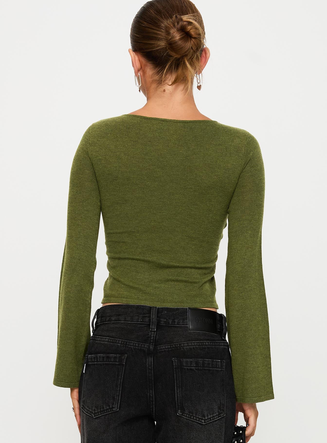 back view of model wearing Princess Polly Giordani Long Sleeve Twist Top Moss Green Full Sleeves Crew Neck 