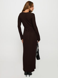 back view of model wearing Princess Polly Vespa Long Sleeve Maxi Dress Brown Crew Neck 