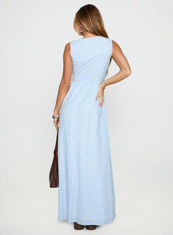 back view of model wearing Princess Polly Pokey Maxi Dress Blue Check Plunger 