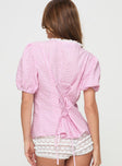 back view of model wearing Princess Polly Sez Top Pink Gingham Half Sleeves Plunger 